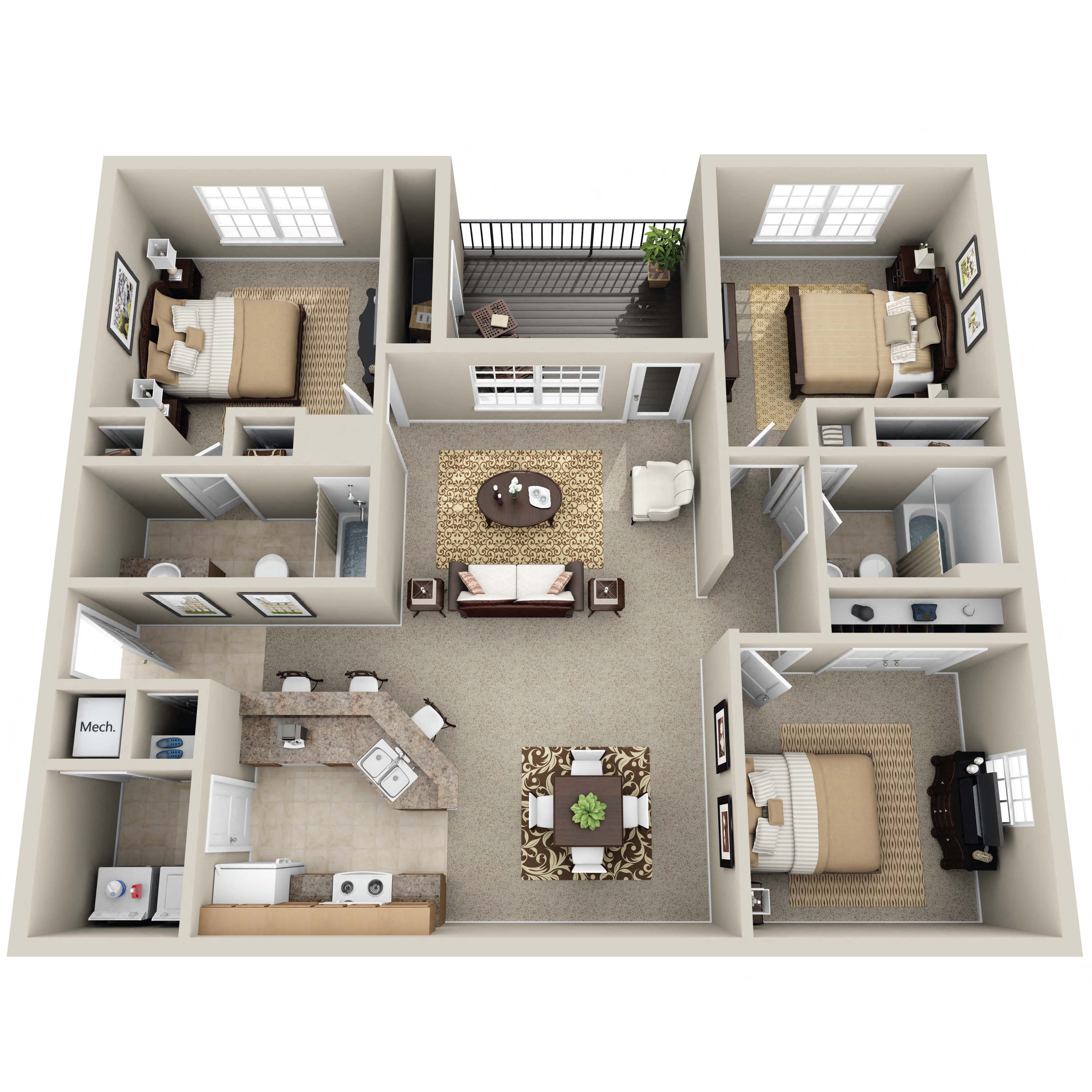 Floor plan for 3 beds, 2 baths, 1303 sqft